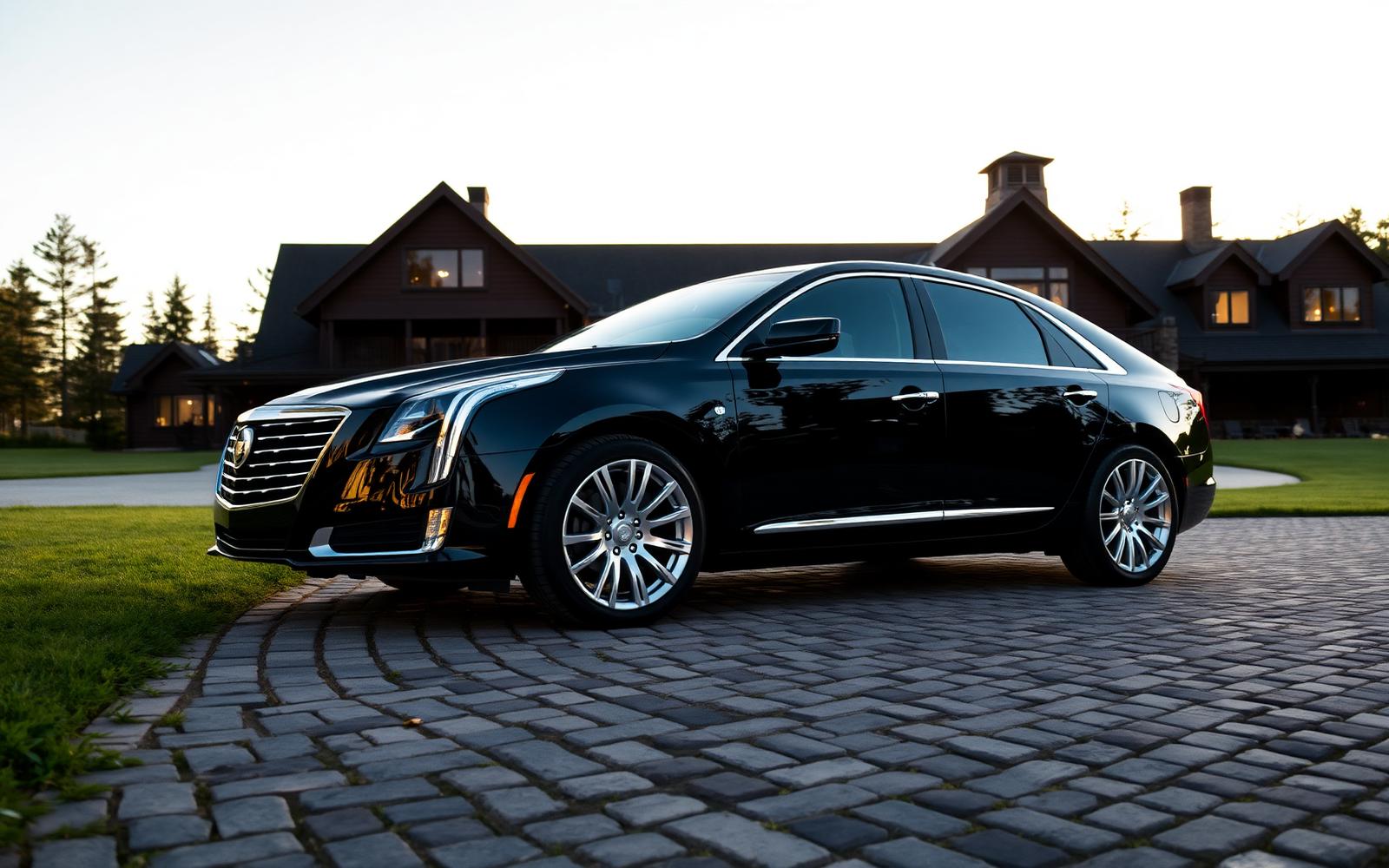 Black executive sedan parked on cobblestone driveway of a Muskoka lodge at golden hour