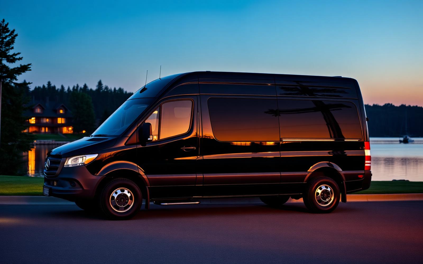 Black executive passenger Sprinter van parked at a Muskoka lakeside resort at blue hour