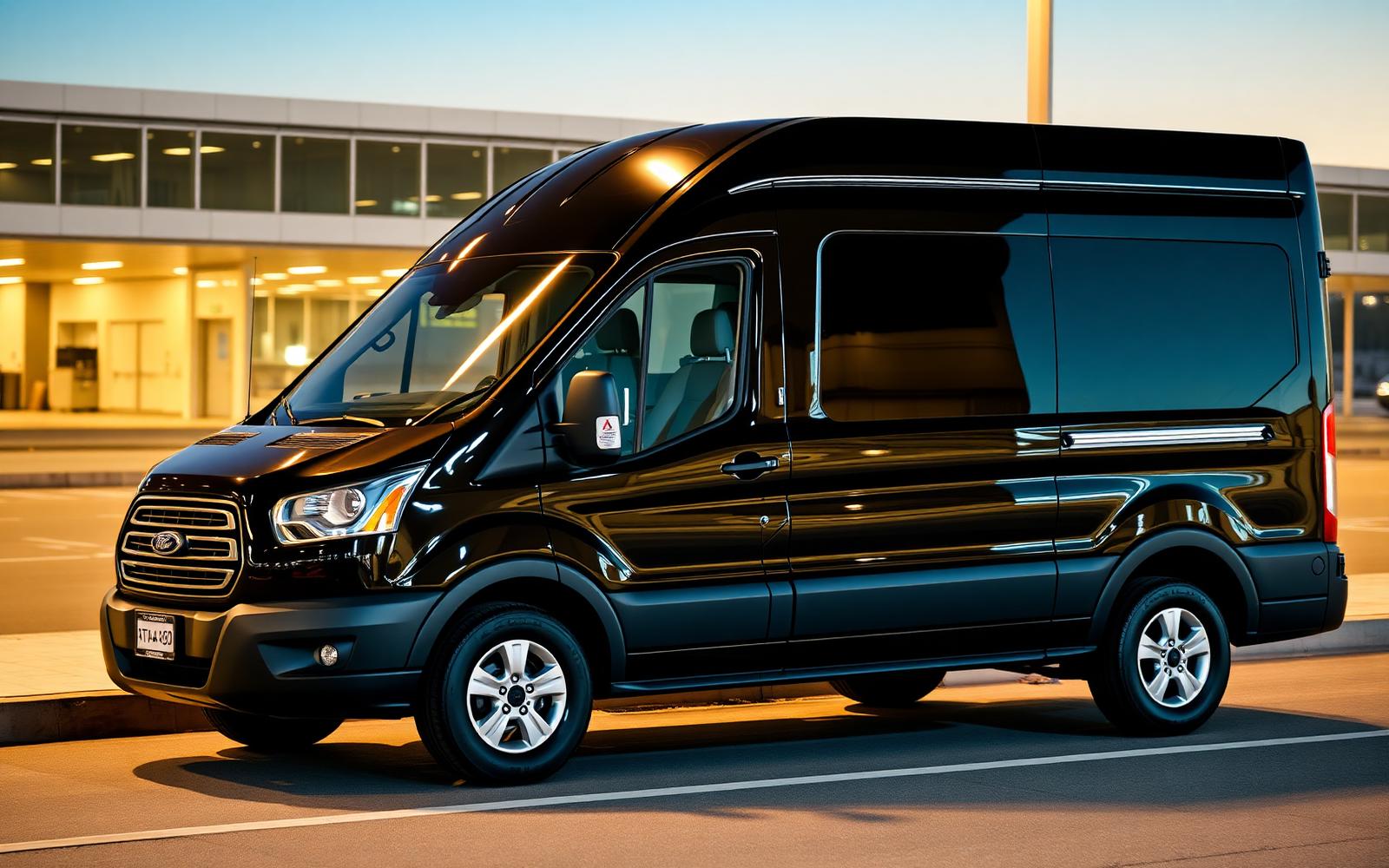 Black Ford Transit passenger van at an airport terminal curbside at dusk