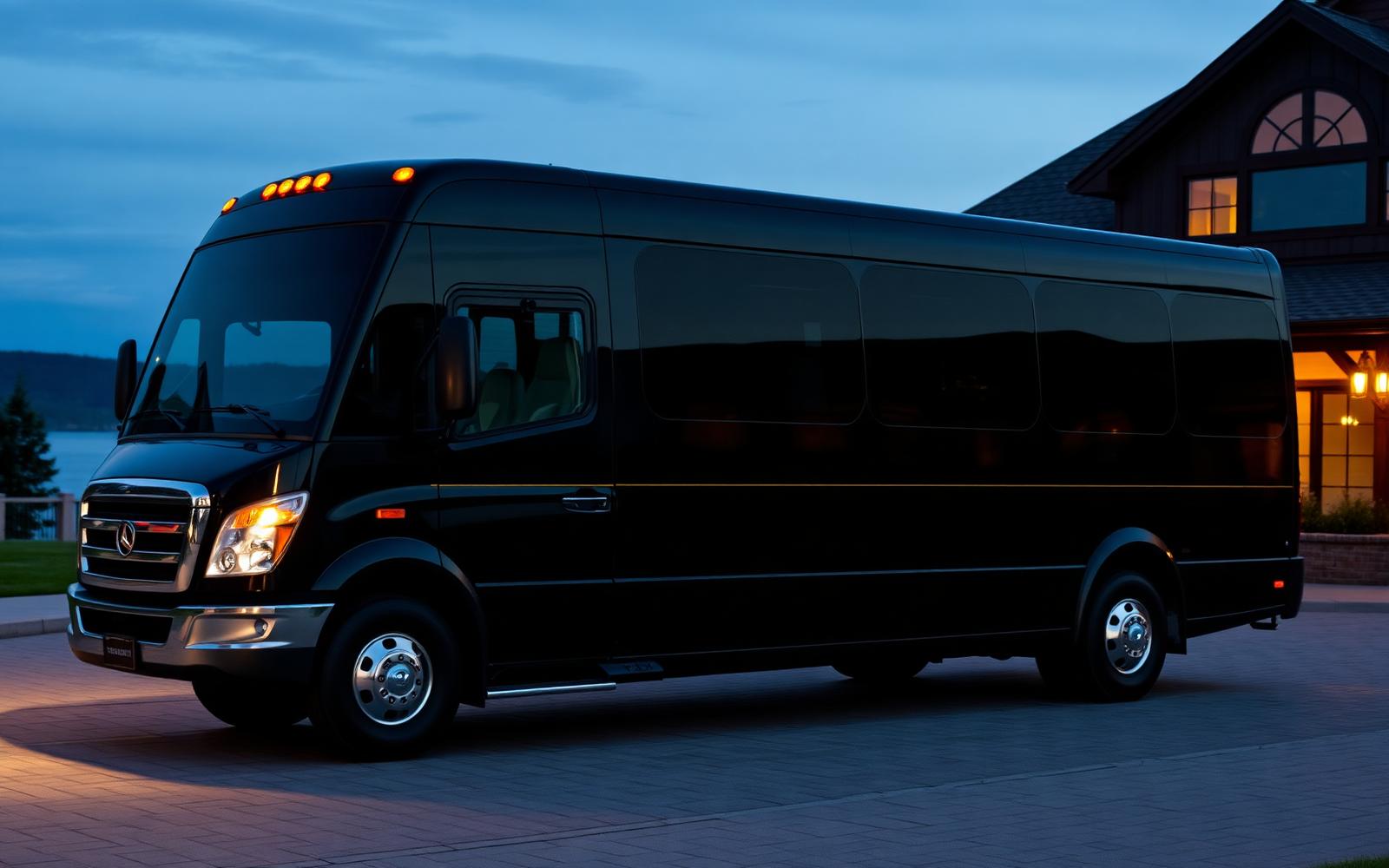 Black executive minicoach at a Muskoka lakeside estate at twilight for group transportation