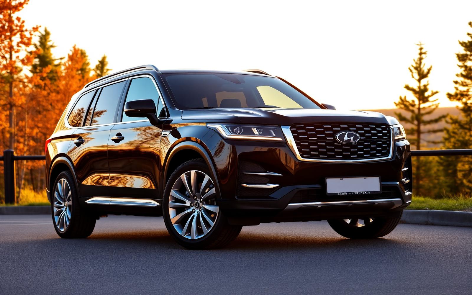 Black full-size luxury SUV on a Muskoka forest overlook during autumn golden hour
