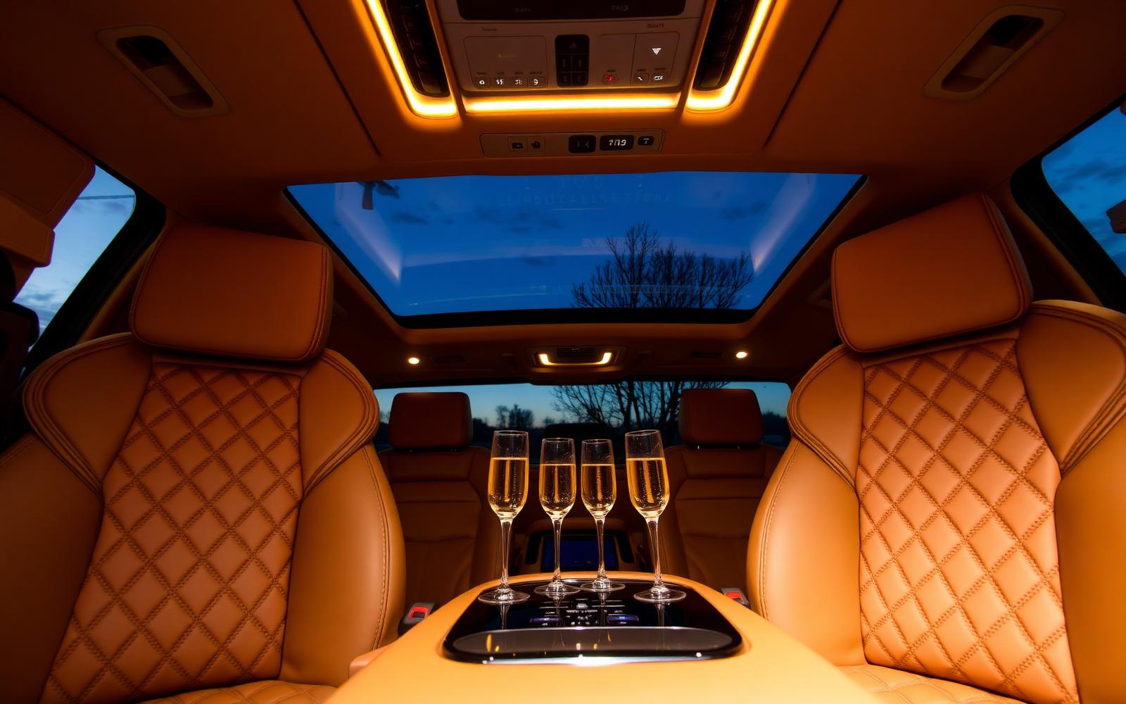 VIP SUV interior with quilted tan leather captain seats, ambient lighting and champagne service
